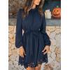 CUPSHE Women Fall Dresses Scallop Trim Cutout Smocked Mock Neck Tie Waist Long Sleeve A Line Flowy Mini Dress(Navy)
