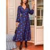 CUPSHE Women Fall Dresses Wildflower Floral V Neck Tie Front Puff Long Sleeve A Line Wrap Maxi Dress(Blue)