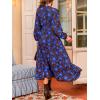 CUPSHE Women Fall Dresses Wildflower Floral V Neck Tie Front Puff Long Sleeve A Line Wrap Maxi Dress(Blue)