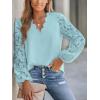 CUPSHE Women Lace Elegant Blouse Long Sleeve Eyelet V Neck Dressy Party Floral Tops Scalloped V Neck(Blue)
