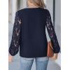 CUPSHE Women Lace Elegant Blouse Long Sleeve Eyelet V Neck Dressy Party Floral Tops Scalloped V Neck(Navy)