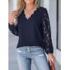 CUPSHE Women Lace Elegant Blouse Long Sleeve Eyelet V Neck Dressy Party Floral Tops Scalloped V Neck(Navy)