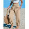 CUPSHE Women Pants with Pocket Smocked Waist Wide Leg Ruffle Loose Fit Pant Casual Beach(Beige)