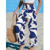 CUPSHE Women Pants with Pocket Smocked Waist Wide Leg Ruffle Loose Fit Pant Casual Beach(Blue Leaf)
