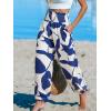CUPSHE Women Pants with Pocket Smocked Waist Wide Leg Ruffle Loose Fit Pant Casual Beach(Blue Leaf)