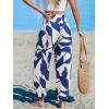 CUPSHE Women Pants with Pocket Smocked Waist Wide Leg Ruffle Loose Fit Pant Casual Beach(Blue Leaf)