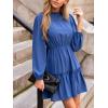 CUPSHE Women Ruffle Fall Dresses Long Bubble Sleeve Crewneck Smocked Waist Holiday Party Winter Mini Dress(Blue)