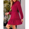 CUPSHE Women Ruffle Fall Dresses Long Bubble Sleeve Crewneck Smocked Waist Holiday Party Winter Mini Dress(Light Red)