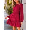 CUPSHE Women Ruffle Fall Dresses Long Bubble Sleeve Crewneck Smocked Waist Holiday Party Winter Mini Dress(Light Red)