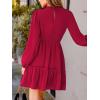 CUPSHE Women Ruffle Fall Dresses Long Bubble Sleeve Crewneck Smocked Waist Holiday Party Winter Mini Dress(Light Red)