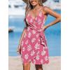 CUPSHE Women Spaghetti Strap Summer Dress Surplice V Neck Wrap Waist Tie Casual Beach Sundress Holiday Vacation Mini Dress(Pink Floral)