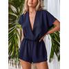 CUPSHE Women Summer Casual Short Sleeve Wide Leg Jumpsuits Dressy Ruched Wrap Rompers Trendy Outfits(Blue)
