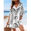 CUPSHE Women V Neck Lace Trim Mini Summer Dress Cover Up 3/4 Sleeve Ruffled Cuff Casual Sundress Beach Dresses Cover Ups(Black)