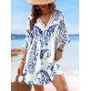 CUPSHE Women V Neck Lace Trim Mini Summer Dress Cover Up 3/4 Sleeve Ruffled Cuff Casual Sundress Beach Dresses Cover Ups(Blue)