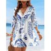 CUPSHE Women V Neck Lace Trim Mini Summer Dress Cover Up 3/4 Sleeve Ruffled Cuff Casual Sundress Beach Dresses Cover Ups(Blue)