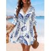 CUPSHE Women V Neck Lace Trim Mini Summer Dress Cover Up 3/4 Sleeve Ruffled Cuff Casual Sundress Beach Dresses Cover Ups(Blue)