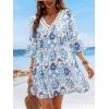 CUPSHE Women V Neck Lace Trim Mini Summer Dress Cover Up 3/4 Sleeve Ruffled Cuff Casual Sundress Beach Dresses Cover Ups(Blue Beige)