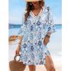 CUPSHE Women V Neck Lace Trim Mini Summer Dress Cover Up 3/4 Sleeve Ruffled Cuff Casual Sundress Beach Dresses Cover Ups(Blue Beige)