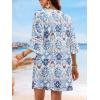 CUPSHE Women V Neck Lace Trim Mini Summer Dress Cover Up 3/4 Sleeve Ruffled Cuff Casual Sundress Beach Dresses Cover Ups(Blue Beige)