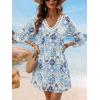 CUPSHE Women V Neck Lace Trim Mini Summer Dress Cover Up 3/4 Sleeve Ruffled Cuff Casual Sundress Beach Dresses Cover Ups(Blue Beige)