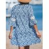 CUPSHE Women V Neck Lace Trim Mini Summer Dress Cover Up 3/4 Sleeve Ruffled Cuff Casual Sundress Beach Dresses Cover Ups(Blue Paisley)