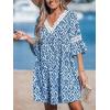 CUPSHE Women V Neck Lace Trim Mini Summer Dress Cover Up 3/4 Sleeve Ruffled Cuff Casual Sundress Beach Dresses Cover Ups(Blue Paisley)
