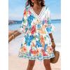 CUPSHE Women V Neck Lace Trim Mini Summer Dress Cover Up 3/4 Sleeve Ruffled Cuff Casual Sundress Beach Dresses Cover Ups(Blue White)
