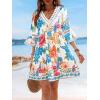 CUPSHE Women V Neck Lace Trim Mini Summer Dress Cover Up 3/4 Sleeve Ruffled Cuff Casual Sundress Beach Dresses Cover Ups(Blue White)