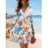 CUPSHE Women V Neck Lace Trim Mini Summer Dress Cover Up 3/4 Sleeve Ruffled Cuff Casual Sundress Beach Dresses Cover Ups(Blue White)