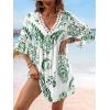 CUPSHE Women V Neck Lace Trim Mini Summer Dress Cover Up 3/4 Sleeve Ruffled Cuff Casual Sundress Beach Dresses Cover Ups(Green)