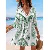 CUPSHE Women V Neck Lace Trim Mini Summer Dress Cover Up 3/4 Sleeve Ruffled Cuff Casual Sundress Beach Dresses Cover Ups(Green)