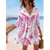 CUPSHE Women V Neck Lace Trim Mini Summer Dress Cover Up 3/4 Sleeve Ruffled Cuff Casual Sundress Beach Dresses Cover Ups(Pink)