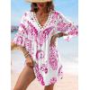 CUPSHE Women V Neck Lace Trim Mini Summer Dress Cover Up 3/4 Sleeve Ruffled Cuff Casual Sundress Beach Dresses Cover Ups(Pink)