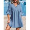 CUPSHE Women V Neck Lace Trim Mini Summer Dress Cover Up 3/4 Sleeve Ruffled Cuff Casual Sundress Beach Dresses Cover Ups(Solid Blue)