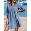 CUPSHE Women V Neck Lace Trim Mini Summer Dress Cover Up 3/4 Sleeve Ruffled Cuff Casual Sundress Beach Dresses Cover Ups(Solid Blue)