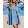 CUPSHE Women V Neck Lace Trim Mini Summer Dress Cover Up 3/4 Sleeve Ruffled Cuff Casual Sundress Beach Dresses Cover Ups(Solid Blue)