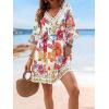 CUPSHE Women V Neck Lace Trim Mini Summer Dress Cover Up 3/4 Sleeve Ruffled Cuff Casual Sundress Beach Dresses Cover Ups(Tropical Floral)