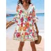 CUPSHE Women V Neck Lace Trim Mini Summer Dress Cover Up 3/4 Sleeve Ruffled Cuff Casual Sundress Beach Dresses Cover Ups(Tropical Floral)