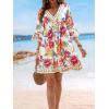 CUPSHE Women V Neck Lace Trim Mini Summer Dress Cover Up 3/4 Sleeve Ruffled Cuff Casual Sundress Beach Dresses Cover Ups(Tropical Floral)