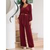 CUPSHE Women’s 2 Piece Pant Set Long Sleeve V Neck Top and Wide Leg Pants Tie Waist Outfit Casual Elegant Two Piece Suit(Red)