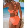 CUPSHE Women’s Bikini Sets Two Piece Swimsuit High Waisted V Neck Textured Crisscross Back Tie Bathing Suits(Coral Orange)