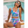 CUPSHE Women’s Bikini Sets Two Piece Swimsuit Scoop Neck Tank Wide Straps Midkini Stitching(Blue/Pink Floral)