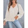 CUPSHE Women’s Blouses Eyelet Tops Long Sleeve V Neck Puff Sleeve Shirts Dressy Casual(Beige)