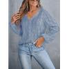 CUPSHE Women’s Blouses Eyelet Tops Long Sleeve V Neck Puff Sleeve Shirts Dressy Casual(Blue)