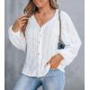 CUPSHE Women’s Blouses Eyelet Tops Long Sleeve V Neck Puff Sleeve Shirts Dressy Casual(White)