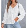 CUPSHE Women’s Blouses Eyelet Tops Long Sleeve V Neck Puff Sleeve Shirts Dressy Casual(White)