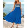 CUPSHE Women’s Boho Smocked Maxi Dresses Spaghetti Straps Tiered Ruffled Beach Vacation Sundress Summer Cover Up Dress(Blue)