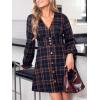 CUPSHE Women’s Fall Casual Dress Long Sleeve V Neck A Line Button Mini Dresses(Navy Blue Plaid)