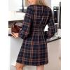 CUPSHE Women’s Fall Casual Dress Long Sleeve V Neck A Line Button Mini Dresses(Navy Blue Plaid)