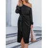 CUPSHE Womens Fall Dress One Shoulder Tie Front Puff Long Sleeve Bodycon Wrap Cocktail Midi Dresses(Black)